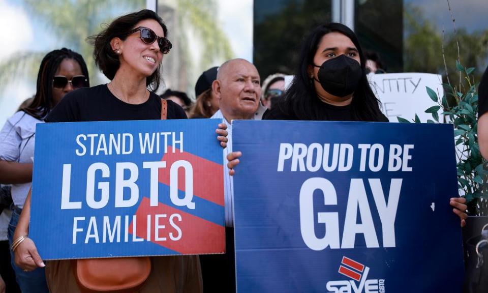 Anasofia Pelaez and Kimberly Blandon protest against Florida’s ‘Don't Say Gay’ bill in Miami earlier this month.