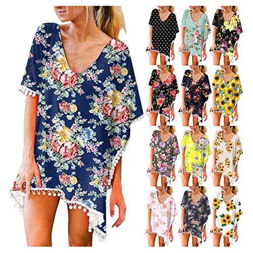 GXLONG Women's Vintage Tassel Swimsuit Bathing Suit Bikini Stylish Beach Cover up Floral Printed Cover Ups for Swimwear(Navy Floral,S)