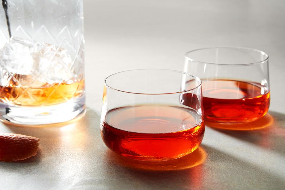 In this riff on the Sazerac, a little Chartreuse and sweet vermouth bridges the gap between whiskey and absinthe.