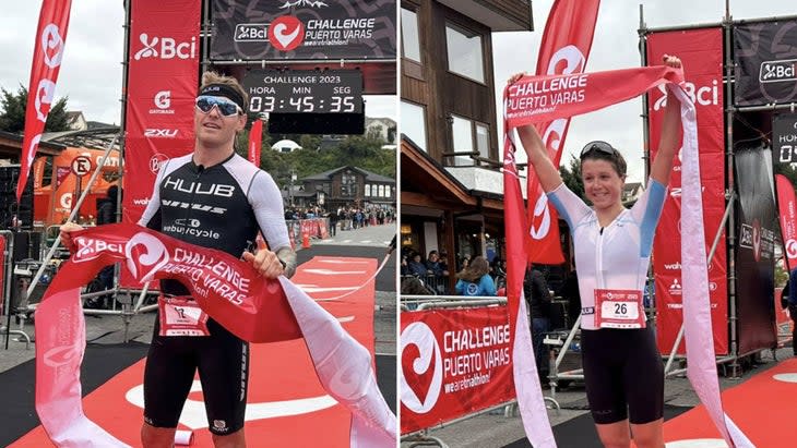 Tom Bishop (L) and Lucy Byram (R) break the tape at Challenge Puerto Varas.