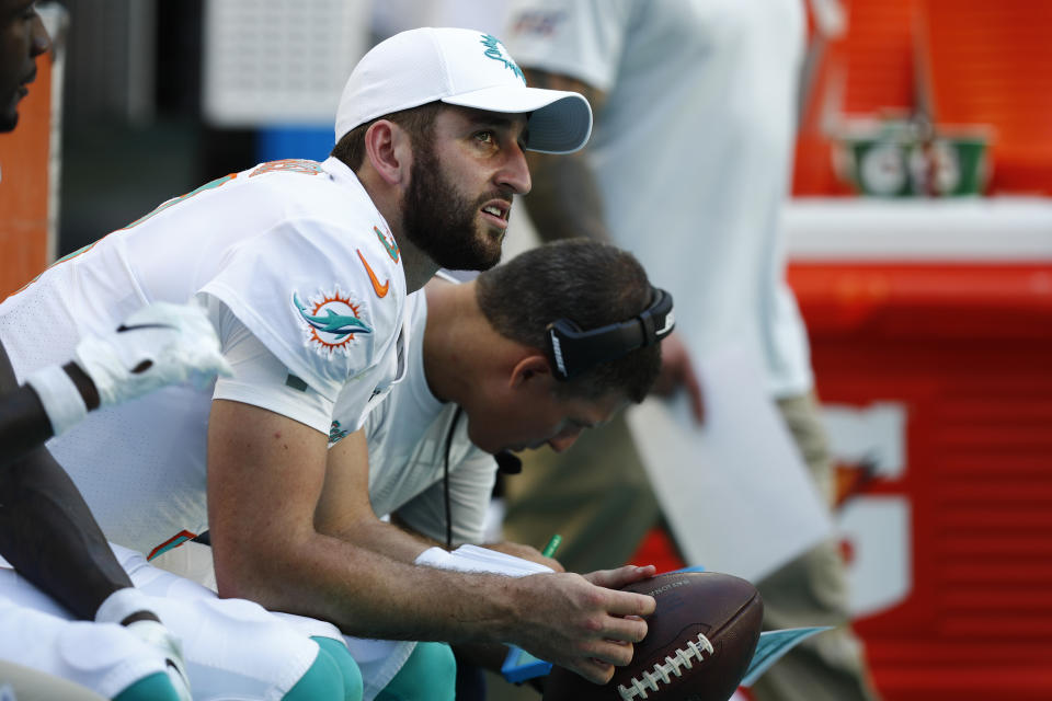 FILE - In this Sunday, Sept. 8, 2019, file photo, Miami Dolphins quarterback Josh Rosen (3) looks up from the sidelines during the second half at an NFL football game in Miami Gardens, Fla. You can take that "any given Sunday" bromide and toss it out with some of Case Keenum's interceptions. So far in 2019, there is a Grand Canyon of separation between the contenders and everybody else. (AP Photo/Brynn Anderson, File)