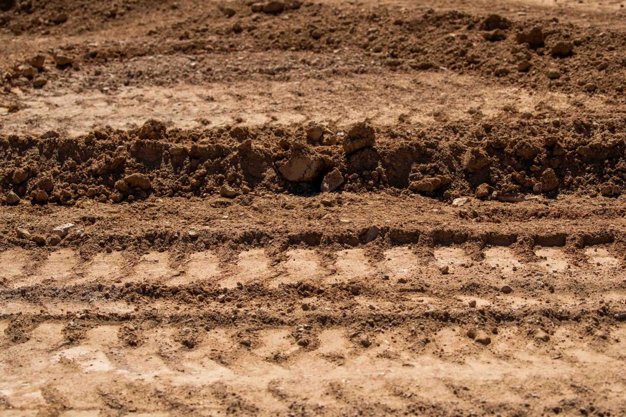 Tire marks left behind by construction vehicles at the construction site of Teravalis, a premier master planned community, in Buckeye on Oct. 5, 2023.