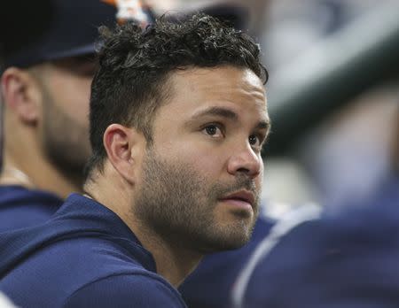 FILE PHOTO: May 20, 2019; Houston, TX, USA; Houston Astros second baseman Jose Altuve looks on from the dugout during the game against the Chicago White Sox at Minute Maid Park. Mandatory Credit: Troy Taormina-USA TODAY Sports
