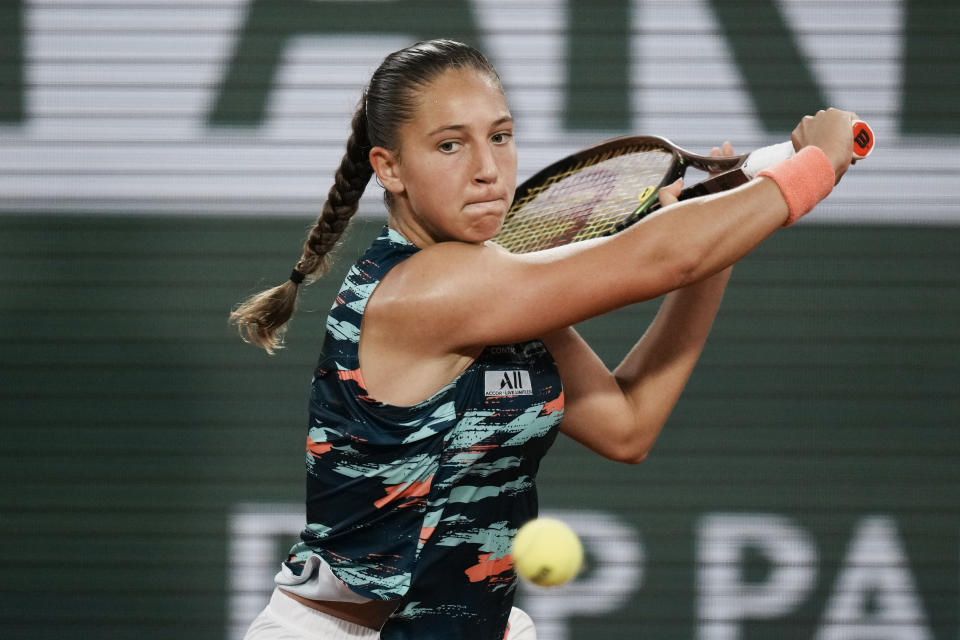 France's Diane Parry plays a shot against Barbora Krejcikova of the Czech Republic during their first round match at the French Open tennis tournament in Roland Garros stadium in Paris, France, Monday, May 23, 2022. (AP Photo/Thibault Camus)