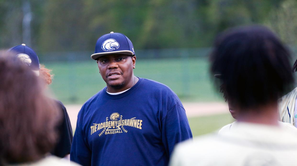 Shawnee coach Timothy Ladd Sr. talks to his team after the Golden Eagles lost to Francis Parker at Shawnee Park.