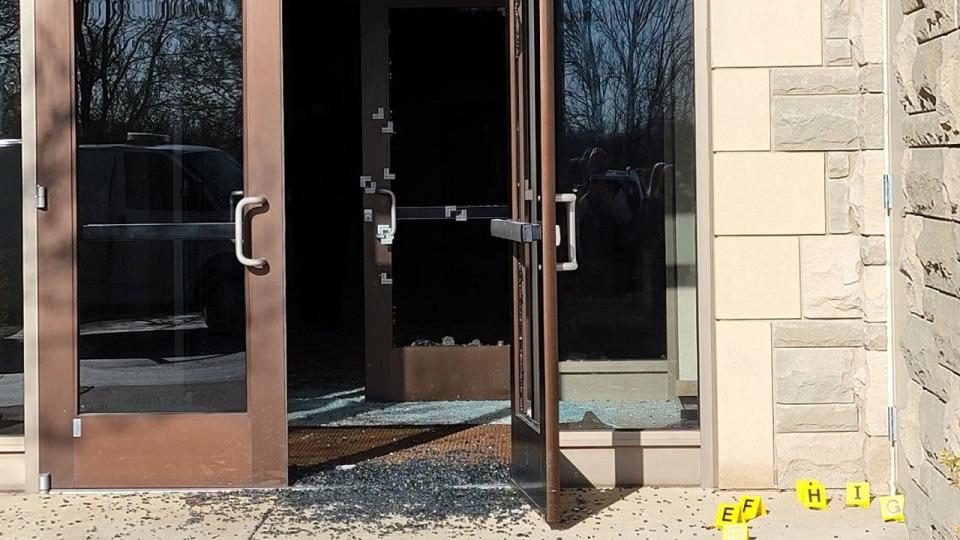 A photo provided by Nashville police shows how Audrey Hale gained entrance to The Covenant School by shooting through the glass doors.