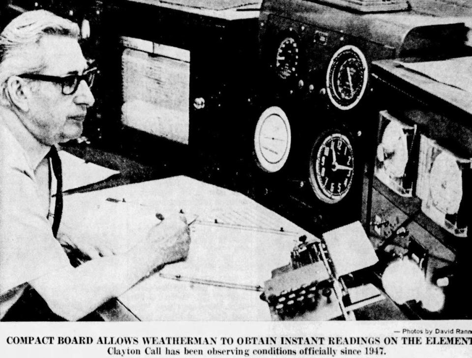 Weather forecaster Clayton Call checks instruments in January 1970. He had been observing conditions officially since 1947. What was then known as the U.S. Weather Bureau operated a station at the Santa Maria Airport.