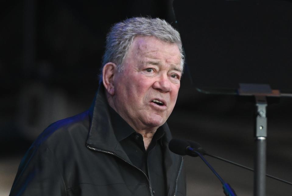 William Shatner speaks during the Hoosier Cosmic Celebration at Memorial Stadium on Monday, April 8, 2024.