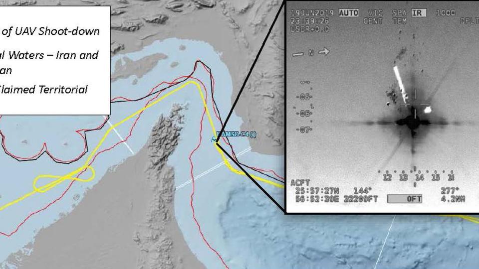 This Pentagon graphic shows the intelligence, surveillance and reconnaissance flight path and grid plot for the RQ-4 shot down in the Strait of Hormuz. (Department of Defense)