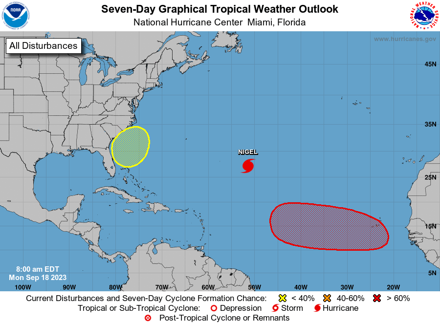 Systems in the Atlantic Ocean as of 18 September show Hurricane Nigel as well as two areas of disturbances (National Hurricane Center / National Oceanic and Atmospheric Administration)