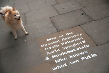 Graffiti sprayed on the pavement near the entrance to the Russian embassy and ambassador's residence in London, Britain, March 15, 2018. REUTERS/Hannah McKay