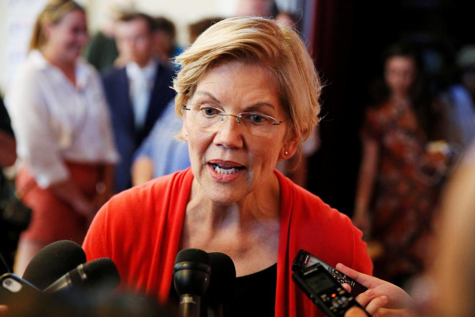 FILE PHOTO: Democratic 2020 U.S. presidential candidate Sen. Elizabeth Warren speaks to members of the media during a town hall at the Peterborough Town House in Peterborough, New Hampshire, U.S., July 8, 2019.   REUTERS/Elizabeth Frantz/File Photo