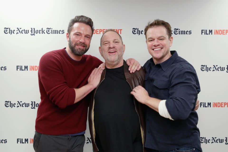 Matt Damon, seen here with Harvey Weinstein and Ben Affleck before the scandal. Source: Getty