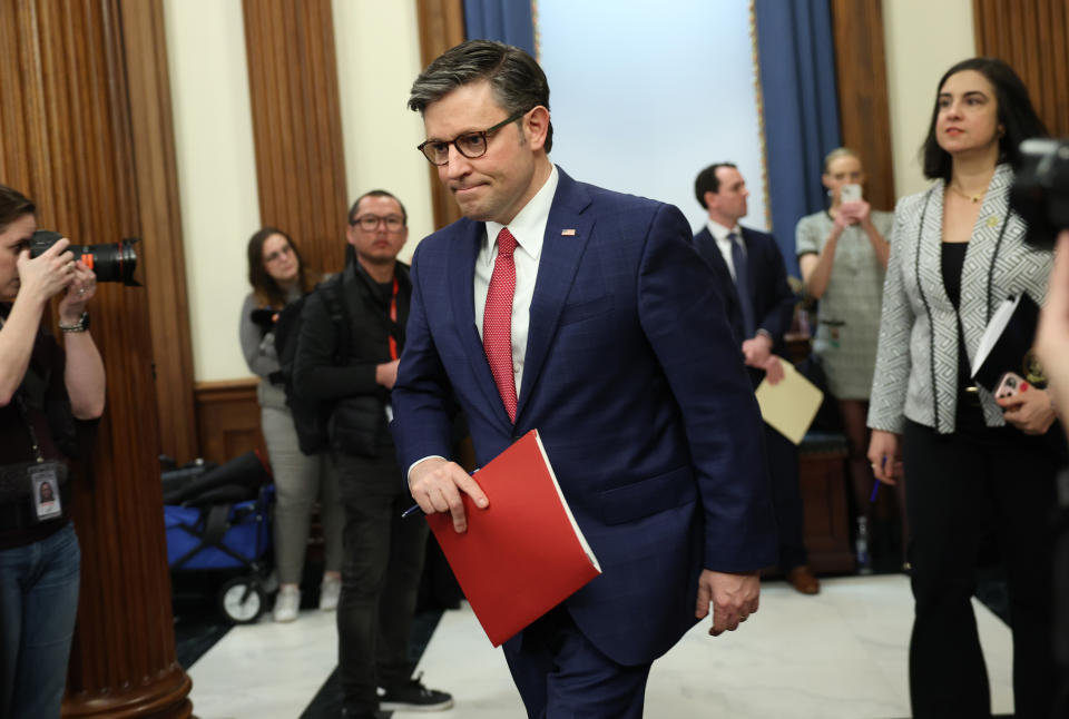 WASHINGTON, DC - JANUARY 31: U.S. House of Representatives Speaker Mike Johnson (R-Louisiana) arrives at the Roundtable on the southern border of the U.S. Capitol on January 31, 2024 in Washington, DC. Members of the House Republican Conference held a roundtable to discuss border security legislation and immigration.  (Photo by Kevin Dietsch/Getty Images)