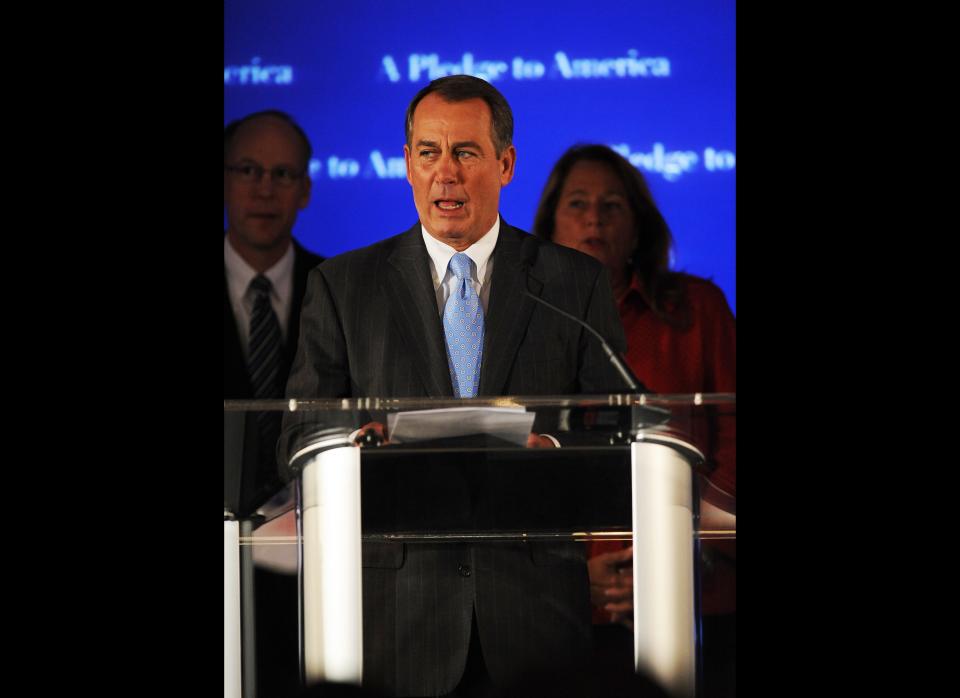 House Republican leader John Boehner, R-OH, fights back tears as he addresses the National Republican Congressional Committee Election Night Results Watch event in Washington, DC, on November 2, 2010.  An emotional John Boehner, the presumed speaker-elect of the US House of Representatives, told fellow Republicans at the victory party that Americans have sent President Obama message to 'change course'.   