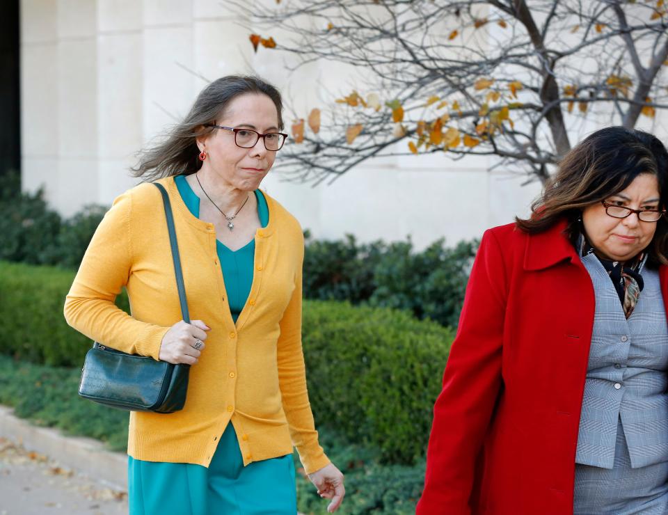 Rachel Tudor, left, leaves the Oklahoma City Federal Courthouse on Nov. 20, 2017, with members of her legal team shortly after a jury awarded her more than $1 million after finding her employer, Southeastern Oklahoma State University, denied her tenure based on her sex. The former professor, Rachel Tudor, who is transgender, convinced the jury the school in Durant and the Regional University System of Oklahoma had violated her civil rights.