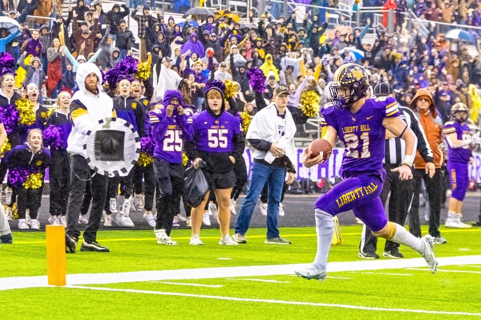 Liberty Hill running back Noah Long, scoring a touchdown against Alamo Heights in a playoff game, returns after rushing for more than 2,000 yards last year.
