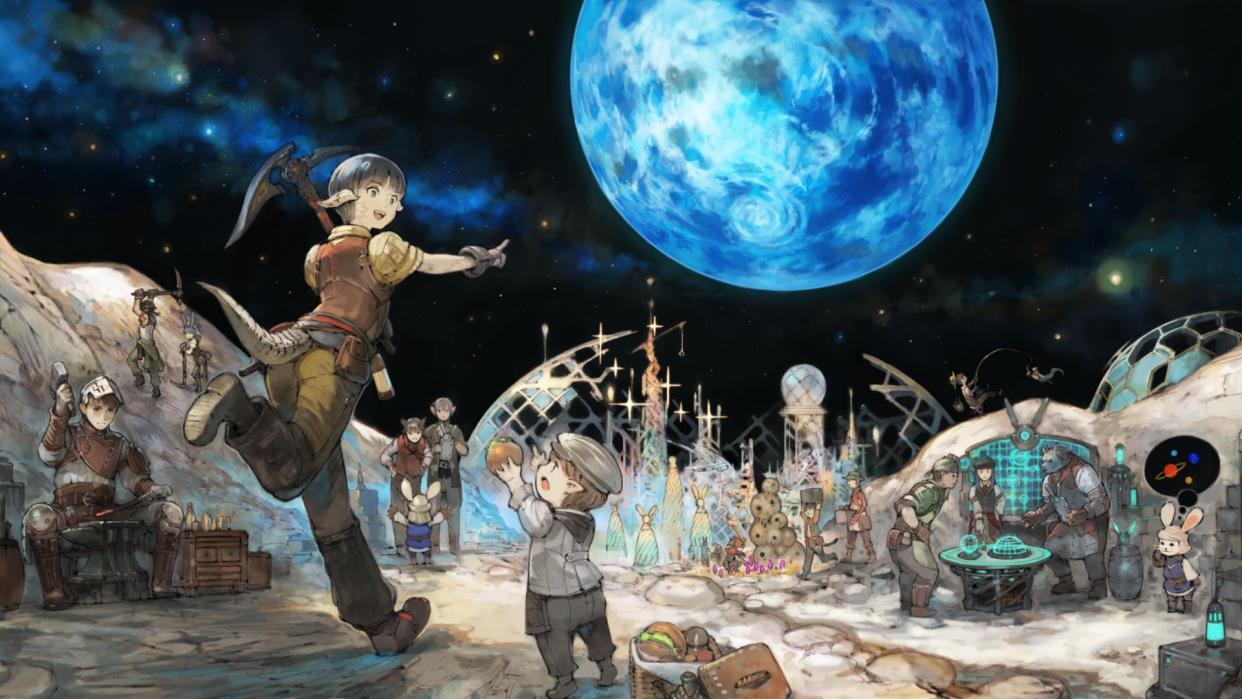  Final Fantasy 14 gathers for a co-op activity on a spacey landscape in Dawntrail. 