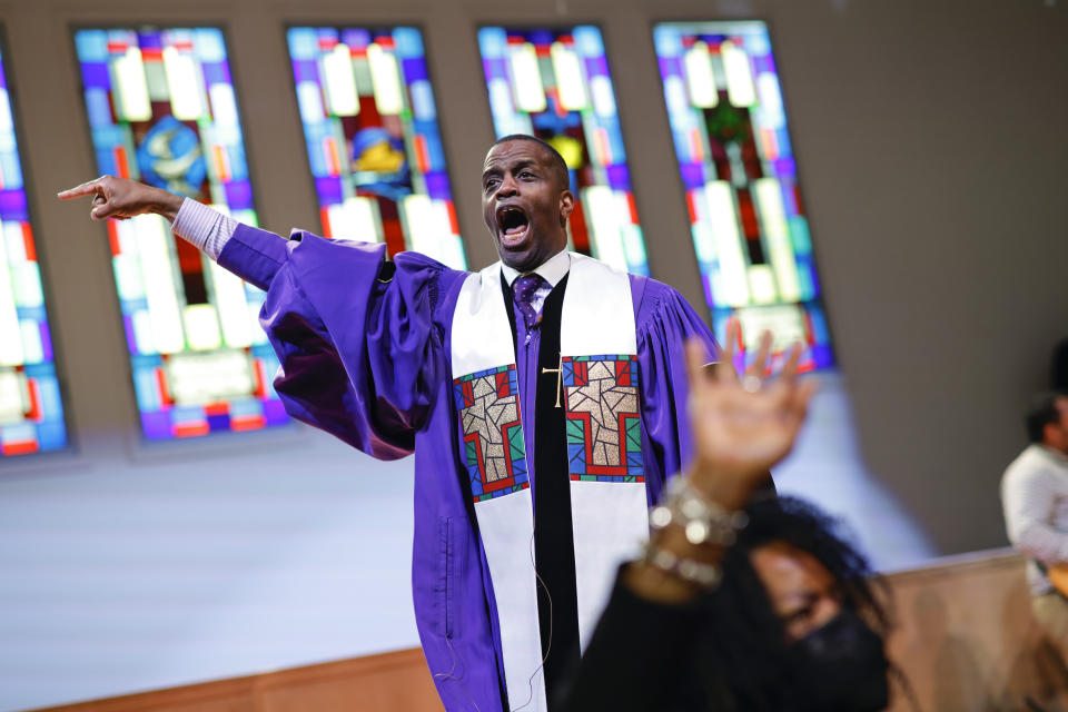 Rev. Dante Quick, preaches during a church service at the First Baptist Church of Lincoln Gardens on Sunday, May 22, 2022, in Somerset, N.J. (AP Photo/Eduardo Munoz Alvarez)