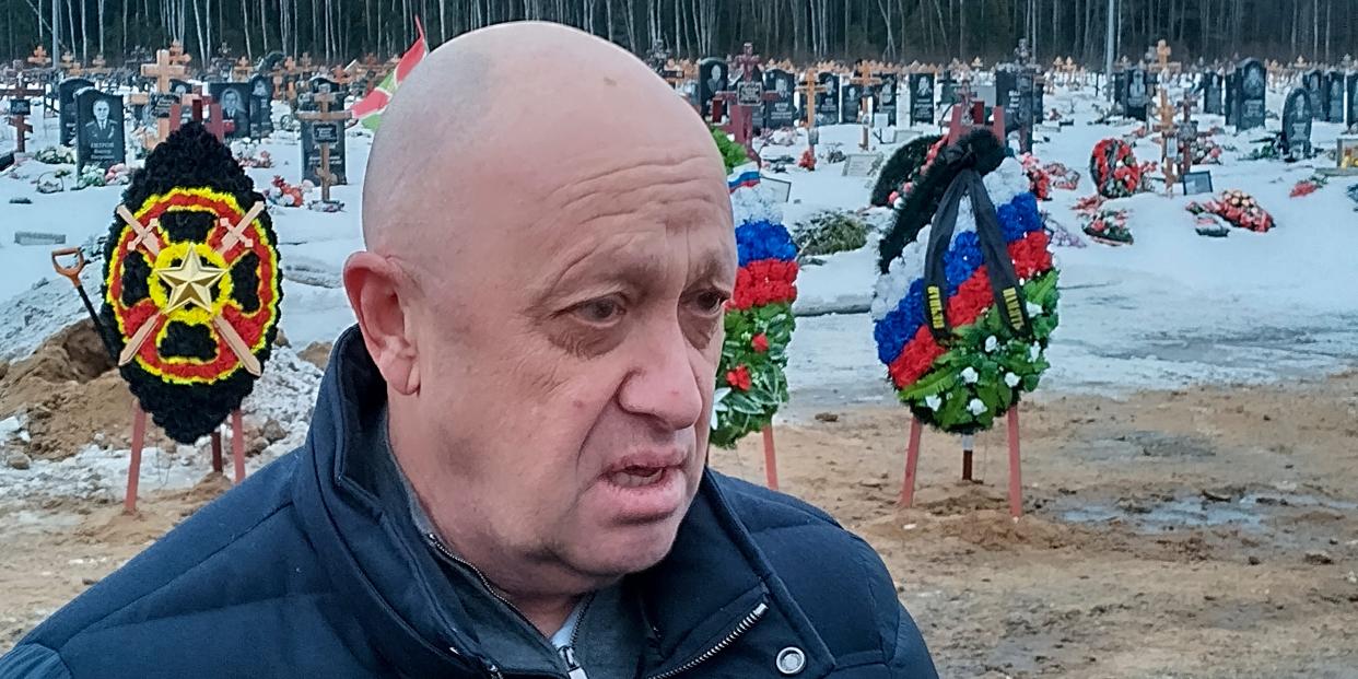 Wagner Group head Yevgeny Prigozhin attends the funeral of Dmitry Menshikov, a fighter of the Wagner group who died during a special operation in Ukraine, at the Beloostrovskoye cemetery outside St. Petersburg, Russia, on Dec. 24, 2022.