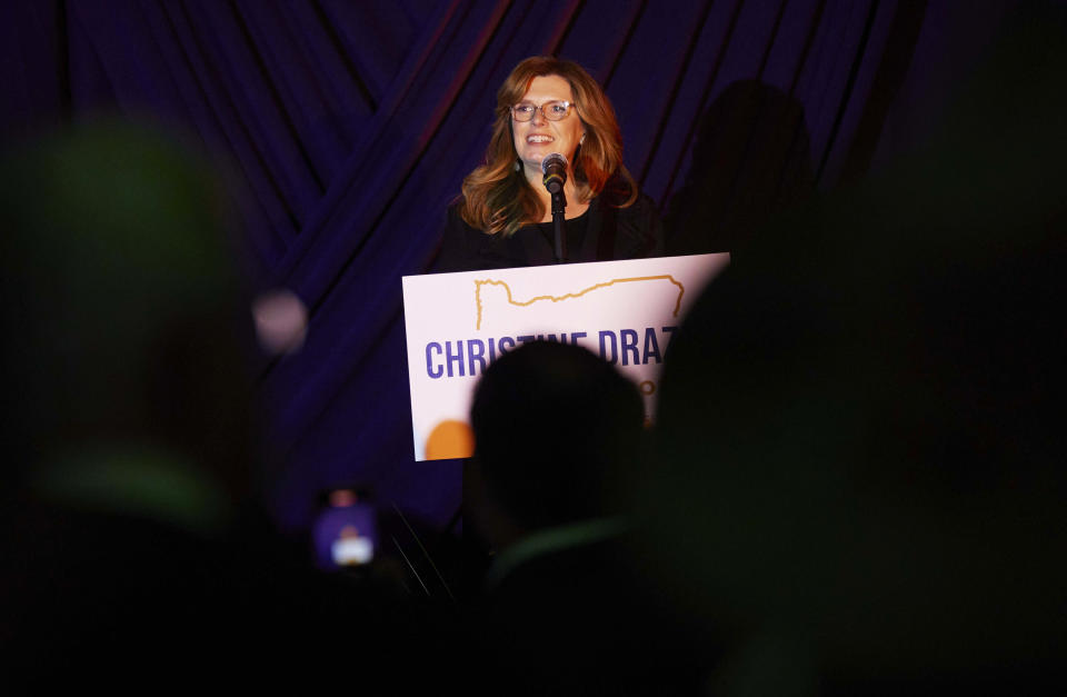 Oregon Republican gubernatorial candidate Christine Drazan speaks to supporters in Silverton, Ore., Tuesday, Nov. 8, 2022. (AP Photo/Craig Mitchelldyer)