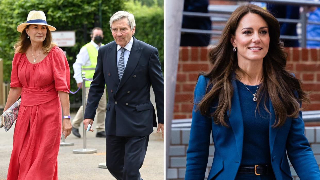  Composite of Michael and Carole Middleton at Wimbledon in 2021 and Kate Middleton at the opening of Evelina London's new children's day surgery unit in 2023. 