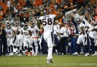 Denver Broncos' Von Miller celebrates after forcing a fumble by the Carolina Panthers in the fourth quarter during the NFL's Super Bowl 50 football game in Santa Clara, California February 7, 2016. REUTERS/Stephen Lam