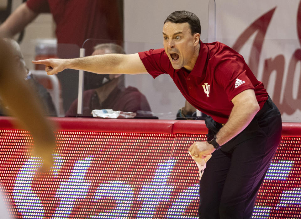 Indiana head coach Archie Miller reacts to the action on the court during the first half of an NCAA college basketball game against Iowa, Sunday, Feb. 7, 2021, in Bloomington, Ind. (AP Photo/Doug McSchooler)