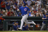 Chicago Cubs' Seiya Suzuki runs toward home to score on a double by Nico Hoerner during the fourth inning of the team's baseball game against the Washington Nationals, Tuesday, Aug. 16, 2022, in Washington. (AP Photo/Nick Wass)