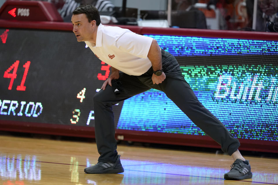 Indiana coach Archie Miller shouts during the first half of the team's NCAA college basketball game against Purdue, Thursday, Jan. 14, 2021, in Bloomington Ind. (AP Photo/Darron Cummings)