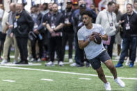 Former Alabama football quarterback Bryce Young works in position drills at Alabama's NFL pro day, Thursday, March 23, 2023, in Tuscaloosa, Ala. (AP Photo/Vasha Hunt)