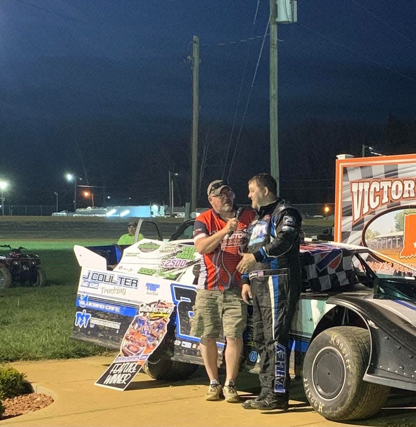 Bedford's Jared Bailey gives his post-race interview after winning the Super Late Model feature on April 23 at Brownstown Speedway.