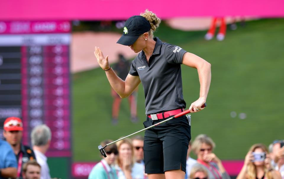 EVIAN-LES-BAINS, FRANCE - SEPTEMBER 16:  Amy Olson of the United States reacts on the 18th green during Day Four of The Evian Championship 2018 at Evian Resort Golf Club on September 16, 2018 in Evian-les-Bains, France.  (Photo by Stuart Franklin/Getty Images)