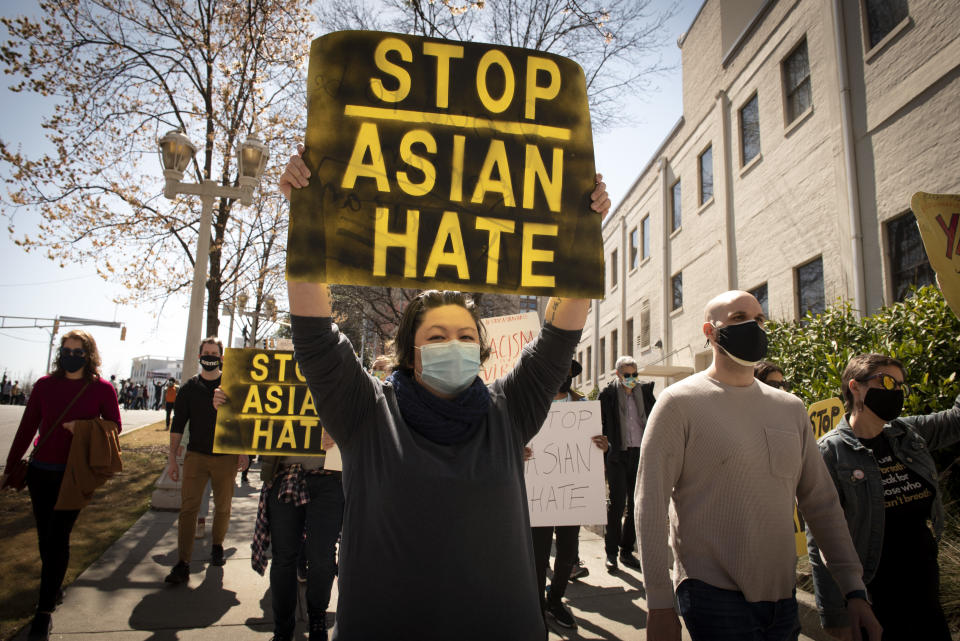 Supporters of the Asian American and Pacific Islander community demonstrate after the spa shootings in Atlanta. (Robin Rayne/ZUMA Wire)