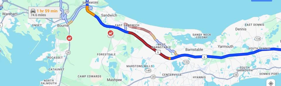 Google Maps shows traffic approaching the Sagamore Bridge worsening around 12 p.m.