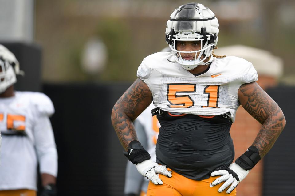 Tennessee offensive lineman Gerald Mincey (51) during Tennessee football spring practice at Haslam Field in Knoxville, Tenn. on Tuesday, April 5, 2022.