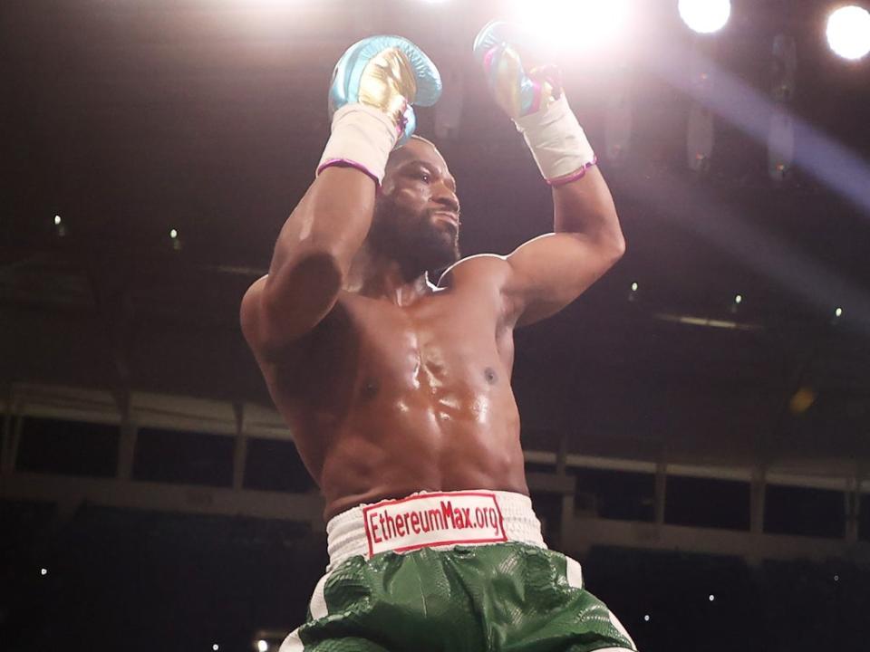 Floyd Mayweather featured promotions for EthereumMax on his shorts in his exhibition match against YouTuber Logan Paul on 6 June, 2021, in Miami, Florida (Getty Images)