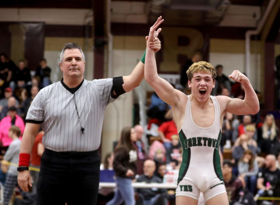 Joseph Tornambe of Yorktown defeated Justin Gierum of Fox Lane in the 126 pound championship during the Section 1 Division 1 Wrestling Championships at Arlington High School in Lagrangeville Feb. 12, 2023.