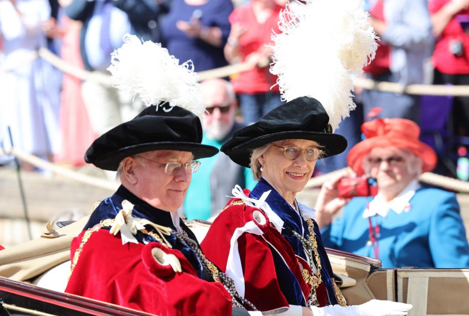 WINDSOR, ENGLAND - JUNE 17: Prince Richard, Duke of Gloucester and Birgitte, Duchess of Gloucester depart the Order Of The Garter Service at Windsor Castle on June 17, 2024 in Windsor, England. The Order of the Garter, Britain's oldest chivalric order established by Edward III, includes The King, Queen, Royal Family members, and up to 24 companions honoured for their public service. Companions of the Garter are chosen personally by the Sovereign to honour those who have held public office, who have contributed in a particular way to national life or who have served the Sovereign personally. (Photo by Chris Jackson - WPA Pool/Getty Images)