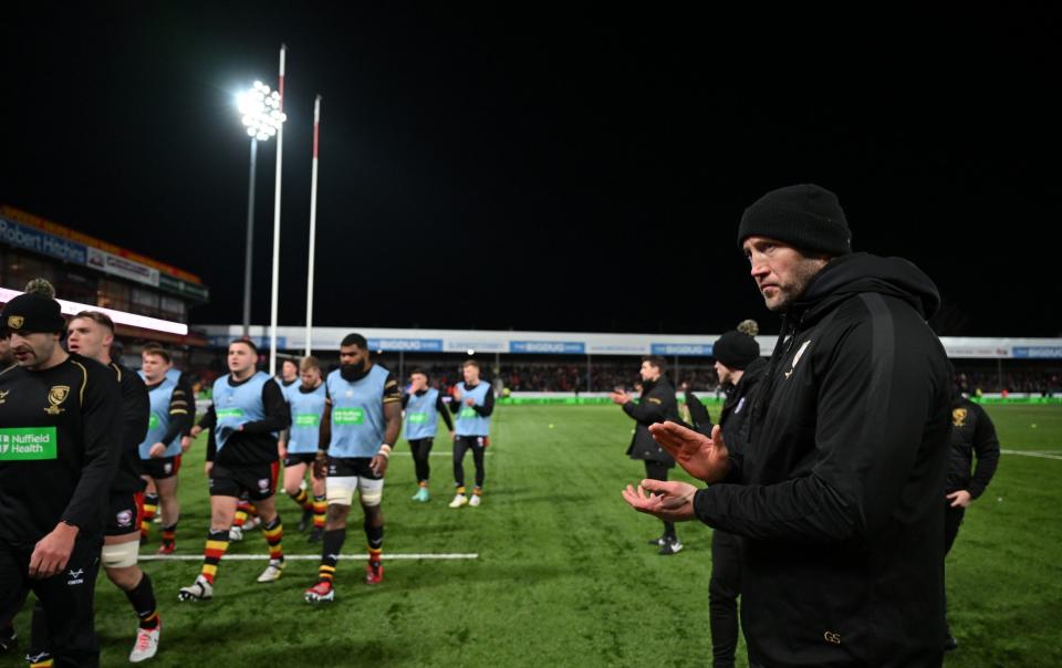 Gloucester head coach George Skivington and his players after their Challenge Cup match against Castres