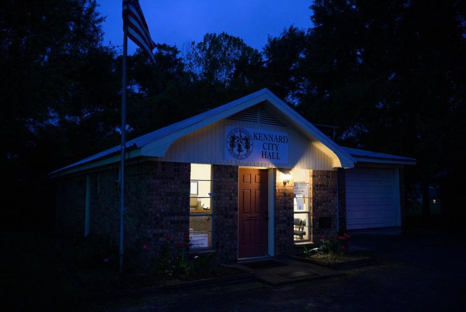The lights remain on at City Hall following a City Council meeting in Kennard, Texas, U.S., on Monday, April 8, 2024. The city of Kennard has canceled its City Council elections for at least the 18th time.