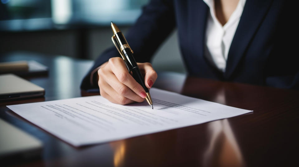 A female business-owner in her office signing the loan papers for a new venture.