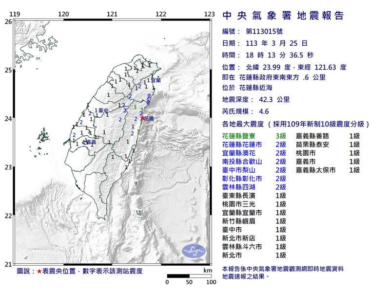 18：13發生規模4.6地震。（圖／中央氣象署）