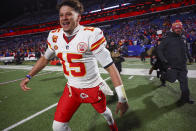 Kansas City Chiefs quarterback Patrick Mahomes (15) reacts after beating the Buffalo Bills in an NFL AFC division playoff football game, Sunday, Jan. 21, 2024, in Orchard Park, N.Y. (AP Photo/Jeffrey T. Barnes)