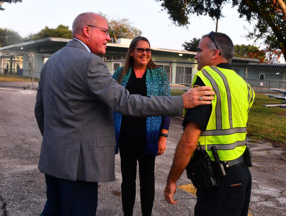 Brevard School District Superintendent Mark Mullins, left, visits Coquina Elementary School in Titusville on the first day of school this year.