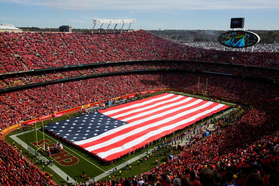 A full field American flag is extended by members of the United States military during the national anthem before the game between the Jacksonville Jaguars and Kansas City Chiefs at Arrowhead Stadium on November 6, 2016 in Kansas City, Missouri. (Jamie Squire—Getty)