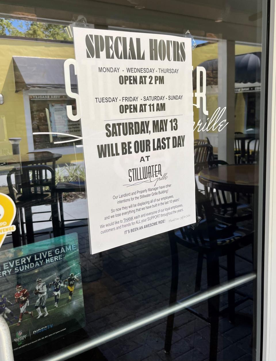 A sign on the door at Stillwater Grille lets customers know May 13 will be the final day for the south Fort Myers restaurant.