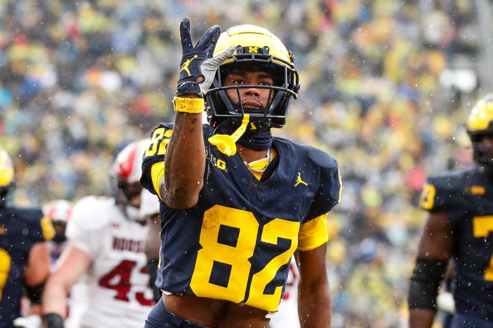 Michigan wide receiver Semaj Morgan celebrates a touchdown during the second half of U-M's 52-7 win over Indiana on Saturday, Oct. 14, 2023, in Ann Arbor.