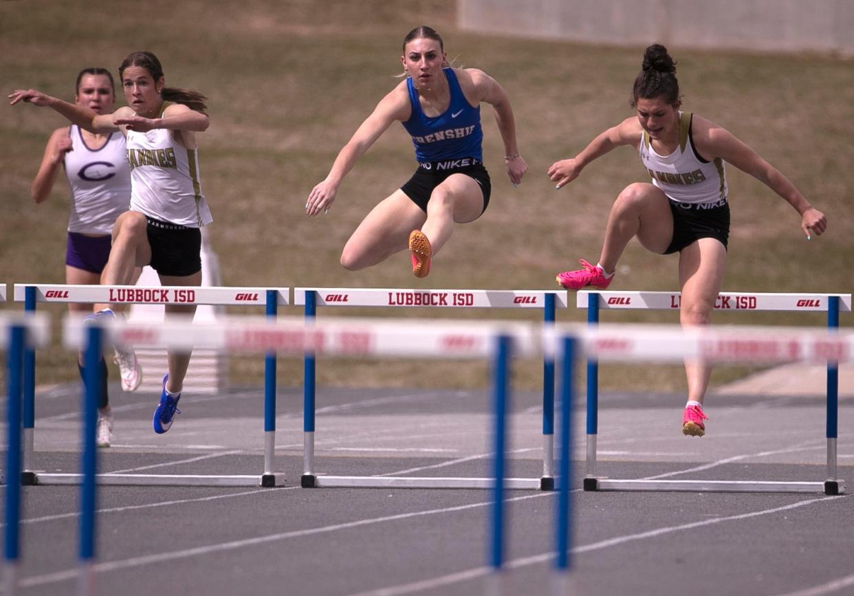 Frenship’s Rylee Sanders competes in the 300-meter hurdles during the Lubbock ISD Invitational, Friday, March 29, 2024, at Lowrey Field.