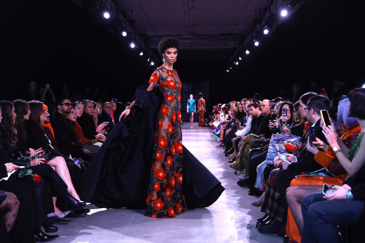 A model walks the runway during Naeem Khan's New York Fashion Week show.